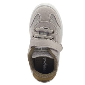 Gray toddler shoe with Velcro and laces.