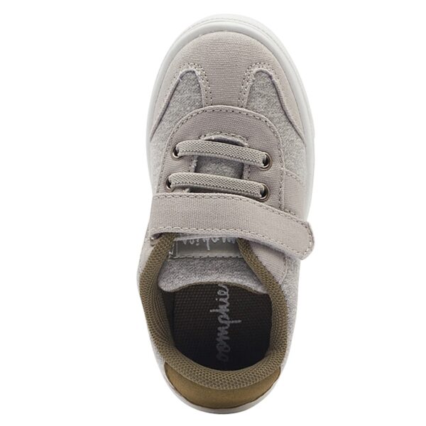 Gray toddler shoe with Velcro and laces.