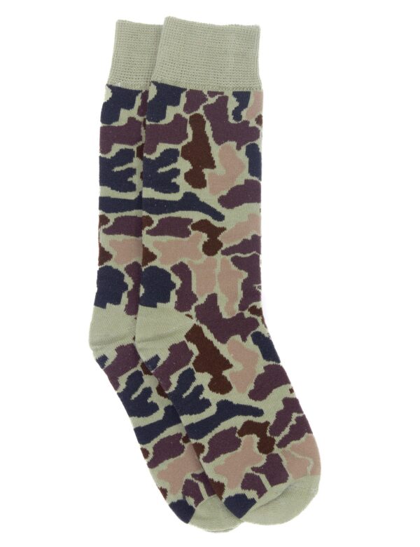 Camouflage pattern socks on white background.