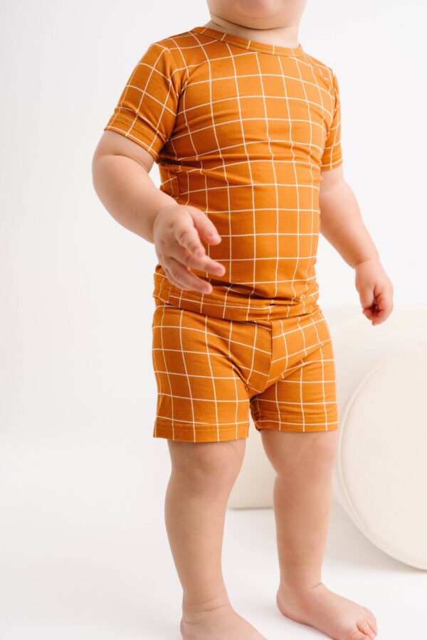 little one shop rust checks bamboo shorts set Child wearing orange checkered clothes, white background