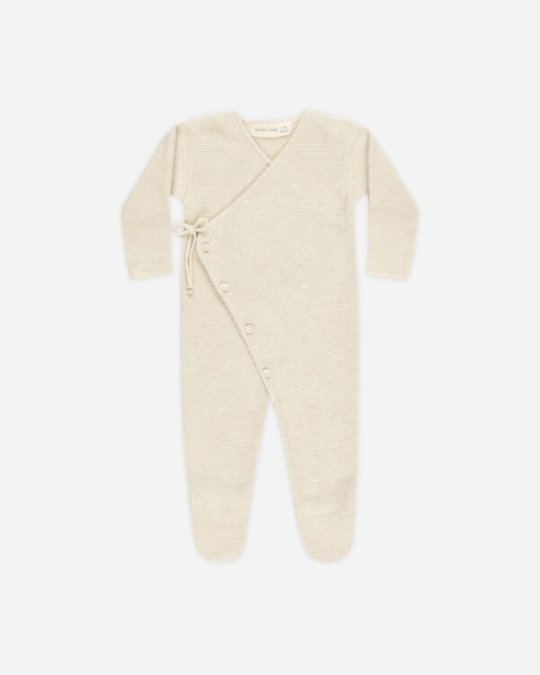 quincy mae wrap knit footie heathered natural cream with matching hat Beige baby romper with button closure