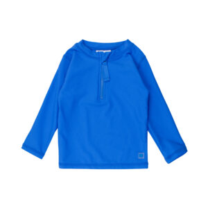 Blue long-sleeve rash guard top with zipper.