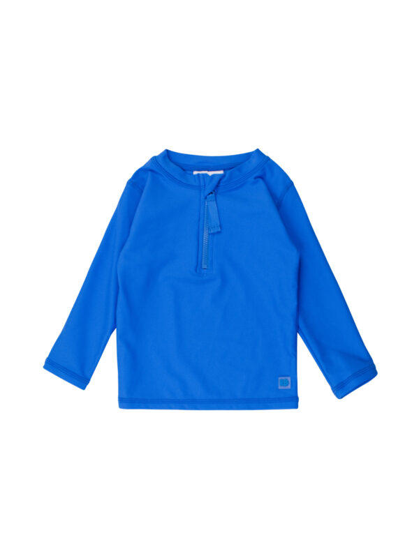 Blue long-sleeve rash guard top with zipper.