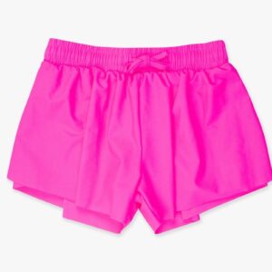 Bright pink drawstring shorts on white background