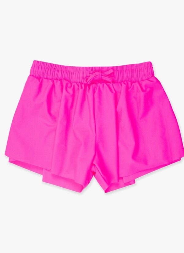 Bright pink drawstring shorts on white background