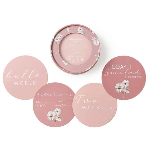 Pink milestone cards for babies with flower design.