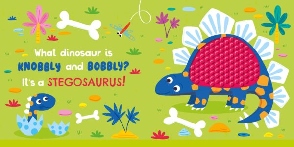 kidsbooks publishing i love all dinos (touch & feel board book) Colorful stegosaurus illustration with eggs and flowers.