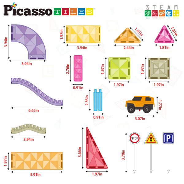 picassotiles 60pc magnet tile race track set led car travel size PicassoTiles building pieces with dimensions and signs.