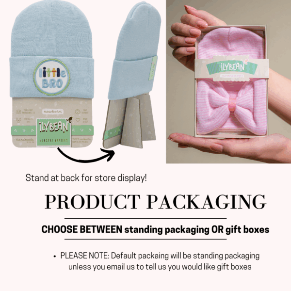 www.ilybean.com hi y'all baby hat newborn and baby hospital hat pink Ilybean nursery beanies packaging options display.