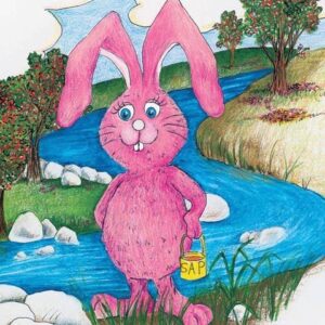 Pink bunny holding sap bucket by stream