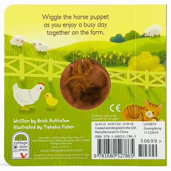Children's farm book with interactive horse puppet.