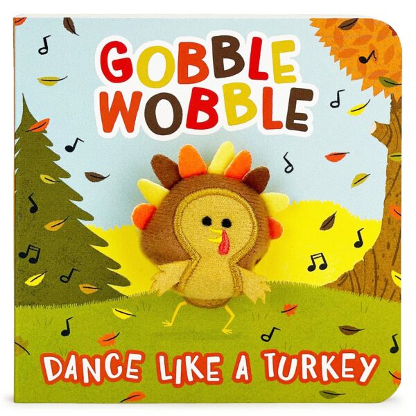 cottage door press gobble wobble thanksgiving finger puppet board book Children's book cover with animated turkey.