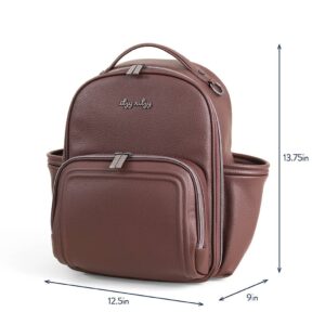 Brown backpack with dimensions: 12.5x9x13.75 inches.