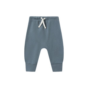 Blue baby pants with a drawstring waist.