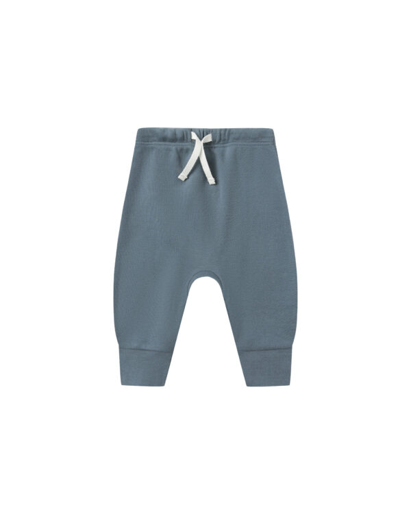 Blue baby pants with a drawstring waist.