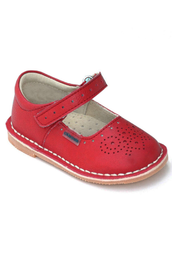 Red leather baby shoe with velcro strap
