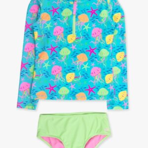 RuffleButts - Zipper Rashguard 2 Piece Swimsuit - Jelly Time