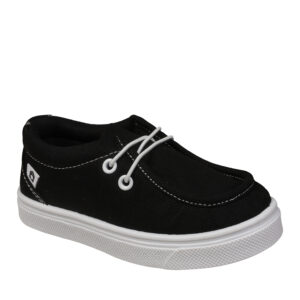 Black sneaker with white laces and sole.