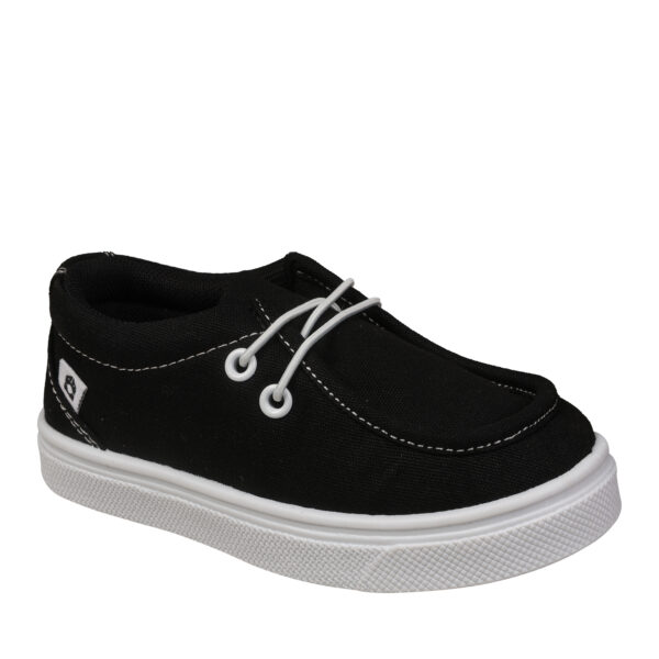Black sneaker with white laces and sole.