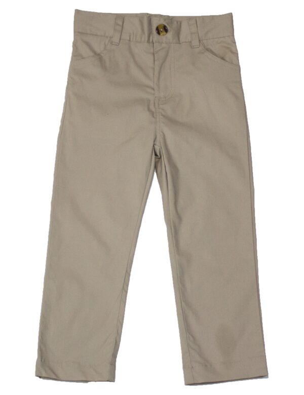 Khaki kids pants with button and pockets.