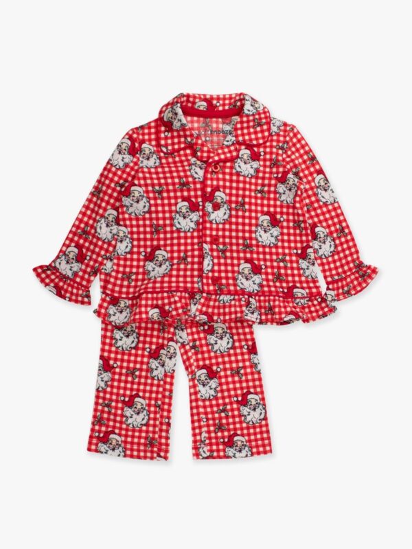 rufflebutts gingham plaid santa pajamas bamboo button down (ruffled) Red checkered pajamas with Santa Claus print