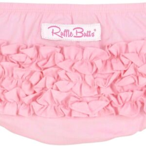 Pink ruffled baby bloomers with elastic waistband.