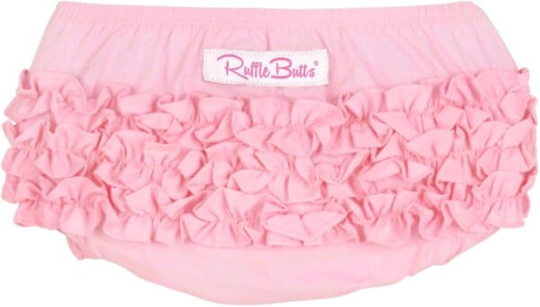 Pink ruffled baby bloomers with elastic waistband.