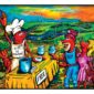 Cartoon crawfish serving free gumbo at colorful stand.