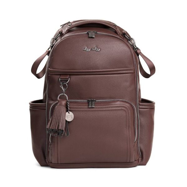 itzy ritzy *new* espresso boss plus™ Brown leather backpack with tassel charm and pockets.
