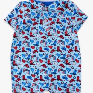 RuggedButts - Tiny Blue Stars & Spurs Knit Short Sleeve Performance Polo Romper