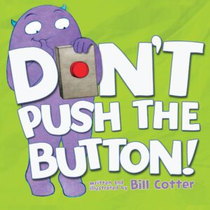 Purple monster with red button on a book cover.