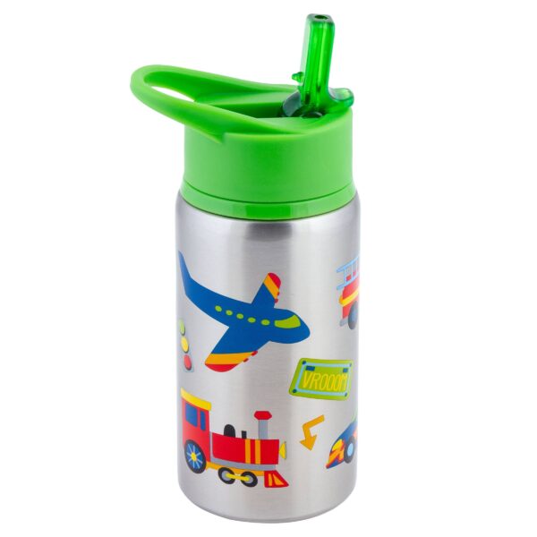 stephen joseph gifts stainless steel water bottles Children's thermos with transportation designs and green lid.