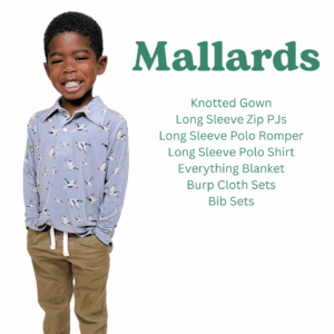 Child wearing mallard-patterned clothing, product options listed.