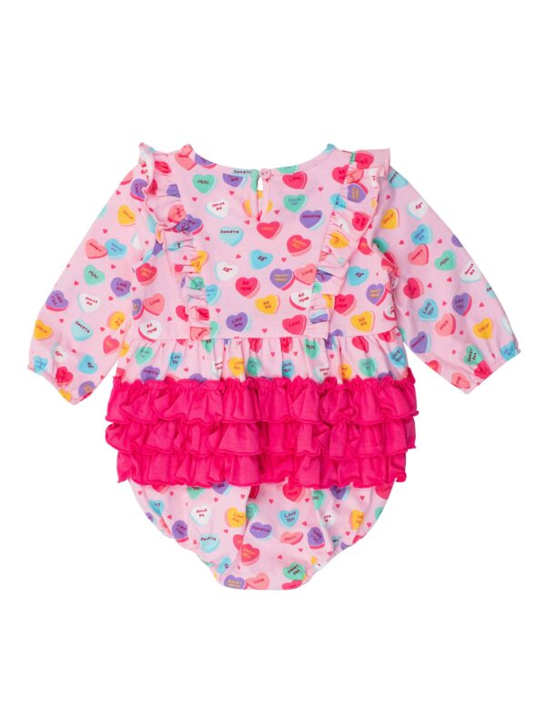rufflebutts + ruggedbutts baby girls be my valentine knit long sleeve waterfall bubble romper Pink baby romper with heart patterns and ruffles.