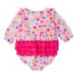 Pink baby romper with heart patterns and ruffles.
