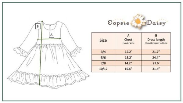 oopsie daisy kids brown & peach vintage floral tulle fall dress Size chart and dress measurements for girls' dress.