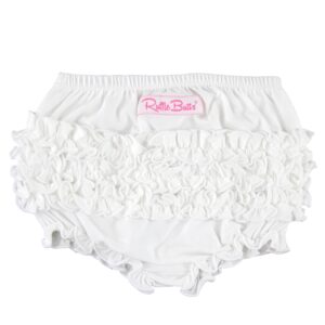 White ruffle baby bloomers with logo.