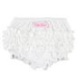White ruffle baby bloomers with logo.