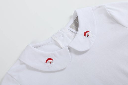 lil cactus red ruffle jumper dress with santa claus peter pan collar long sleeve tee White shirt with Santa collar embroidery