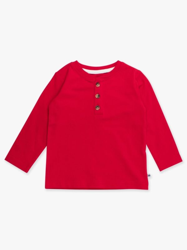 Red long-sleeve shirt with buttons for kids.
