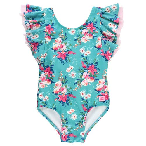 toddler rufflebutts fancy me floral butterfly sleeve one piece Floral ruffled one-piece swimsuit for kids