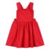 Red children's pinafore dress with ruffled straps.