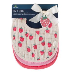 Set of strawberry-patterned baby bibs with ribbon tie.