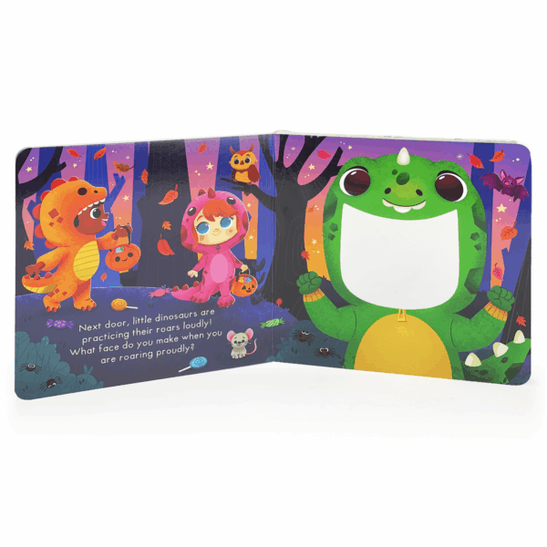 cottage door press happy halloween! mirror board book Children in costumes, dinosaur theme, colorful storybook scene.