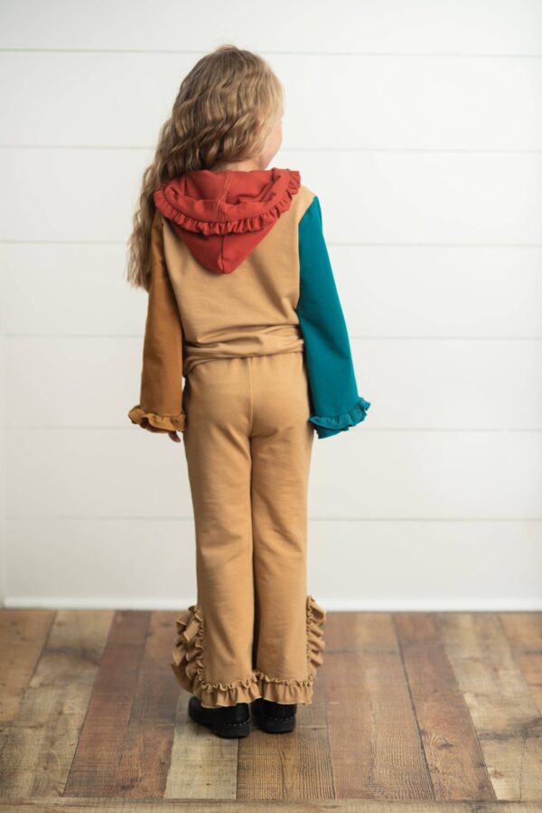 oopsie daisy kids rust & brown color block hooded ruffle pocket fall set Child with colorful outfit, facing away.
