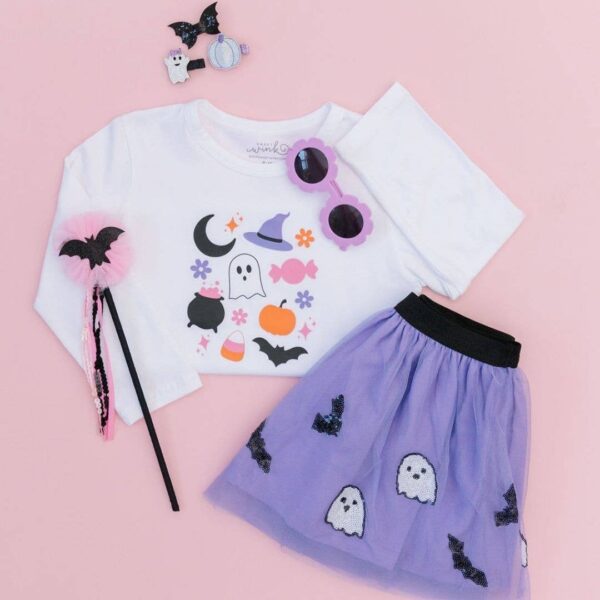 sweet wink ghost and bat sequin halloween tutu Halloween-themed kids outfit with ghosts and bats.
