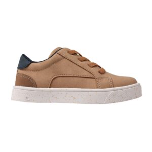 Brown sneaker with white speckled sole.