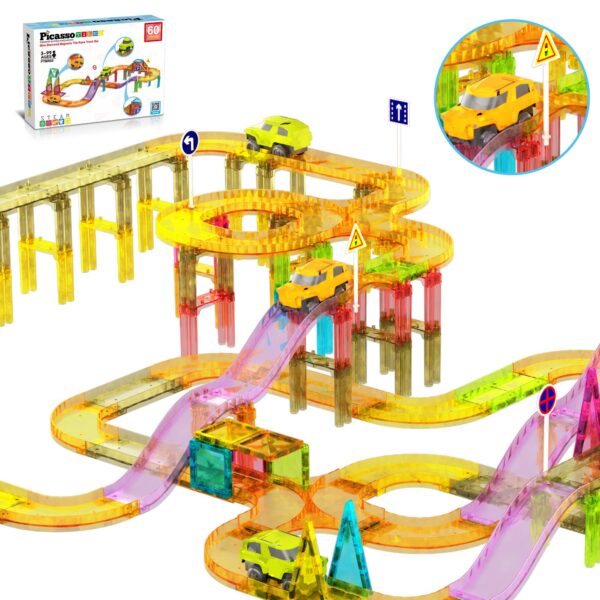 picassotiles 60pc magnet tile race track set led car travel size Colorful toy car track with various twists and turns.