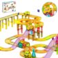 Colorful toy car track with various twists and turns.