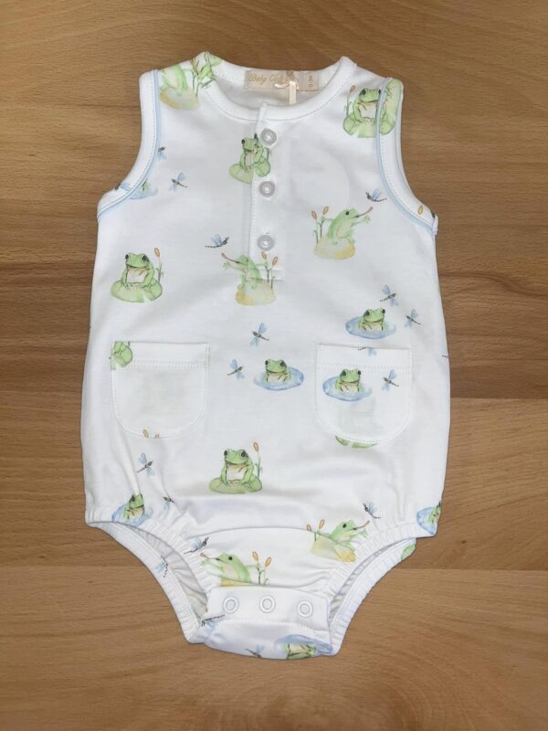 White baby romper with frog print design.